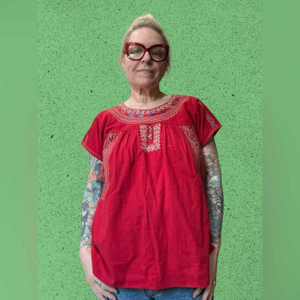 Vintage Red Embroidered Peasant Tunic - Picture 2 of 8